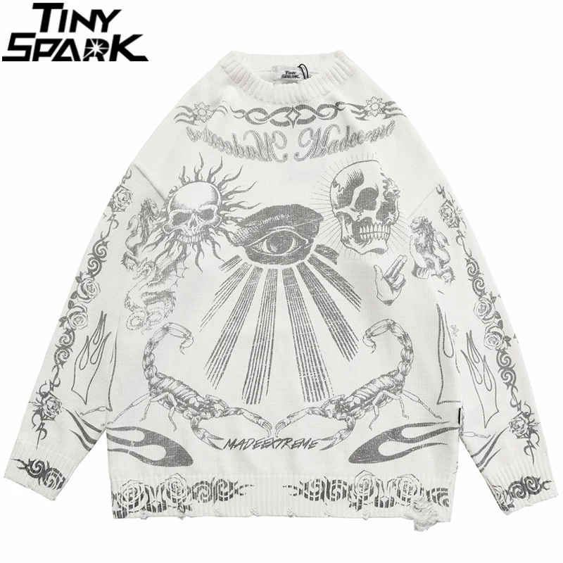 2025 힙합 니트 스웨터 streetwear 로즈 아이 전갈 프린트 찢어진 풀오버 남성 하라주쿠 코튼 캐주얼 가을 스웨터 해골