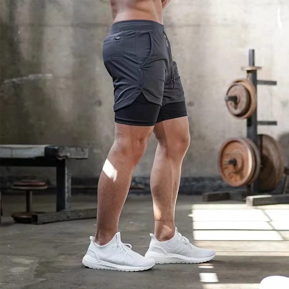 Men's Double Layer Fitness Shorts Men Fitness Gym Training 2 in 1 Sports Shorts Quick Dry Workout Jogging Double Deck Summer 2