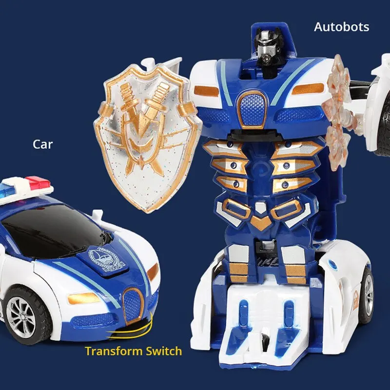 Blue  Children's Collision Deformation Police Car Toy Boy Inertia Impact One-Button Deformation Car