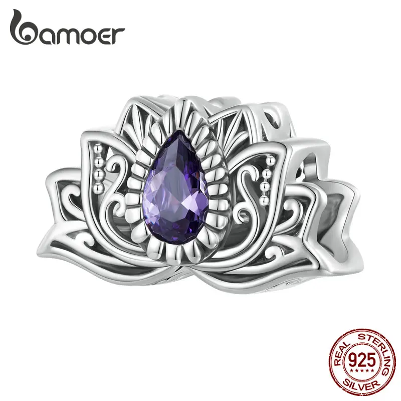 

Bamoer 925 Sterling Silver Purple Zircon Lotus Beads Hollow-out Flower Charms for Women Original Bracelet and Bangle SCC2456