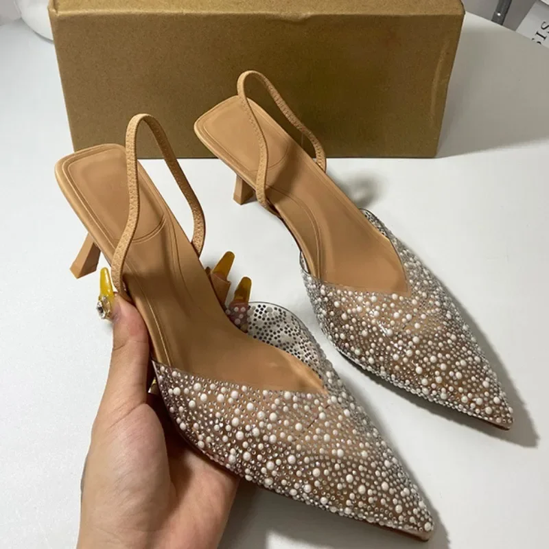 Summer Women's High Heeled Transparent Pointed Toe Pearl Decoration Slingback Sandals