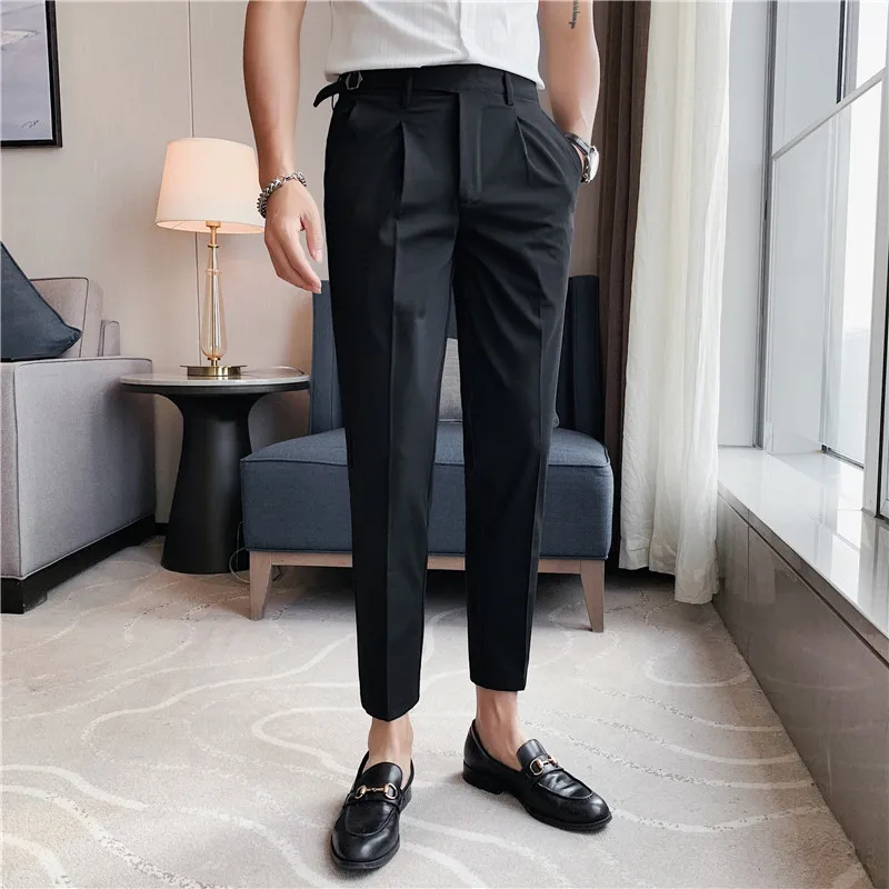 2023 Men Business Casual Dress Pants Men Belt Design Slim Trousers Formal  Office Social Wedding Party Dress Suit Pant 28-38