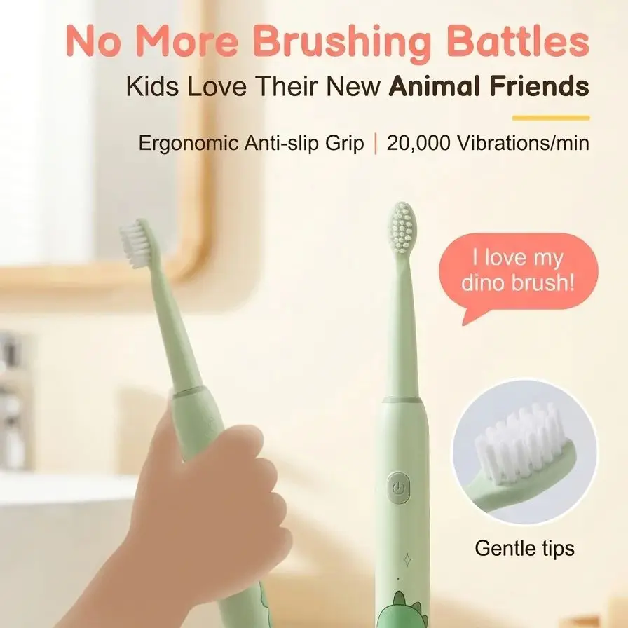 어린이용 음파 전동 칫솔 20000 VPM 부드러운 세척, IPX7 방수 어린이용 전동 칫솔(듀폰 항균 기능 포함)