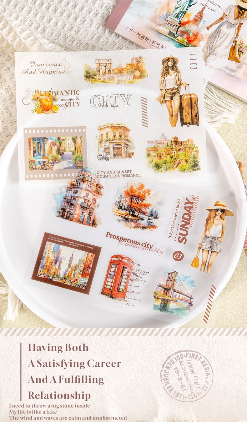JIANQI 10 Sheets PET Die cut Stickers book Travel Theme Decorative handmade Scrapbooking Material Diary Album Craft Supplies