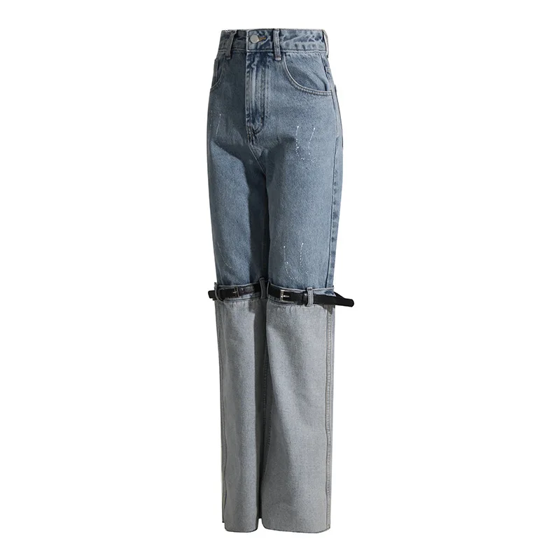 

2023 summer new high-profile thin knee splicing belt design trendy contrast color jeans straight-leg trousers