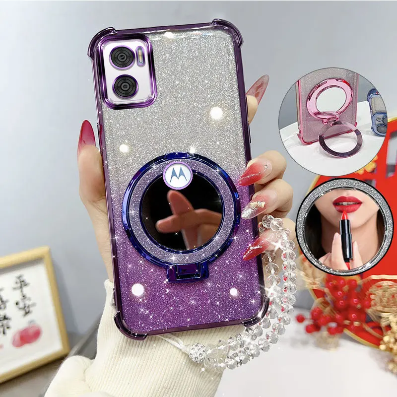 Glitter Shockproof Phone Case with Mirror Stand and Beaded Strap