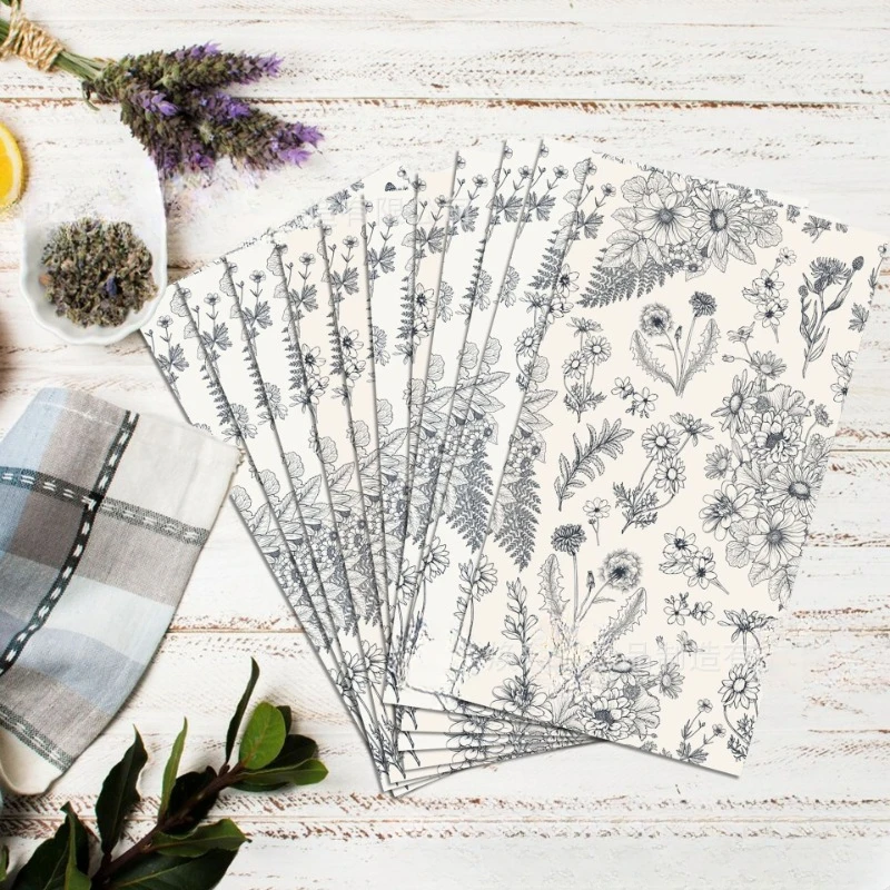 20pcs/Pac 34.2*40.6cm 2-Ply Black and White Sketch Daisy Dandelion Long Paper Napkin Party Holiday Disposable Paper Placemat