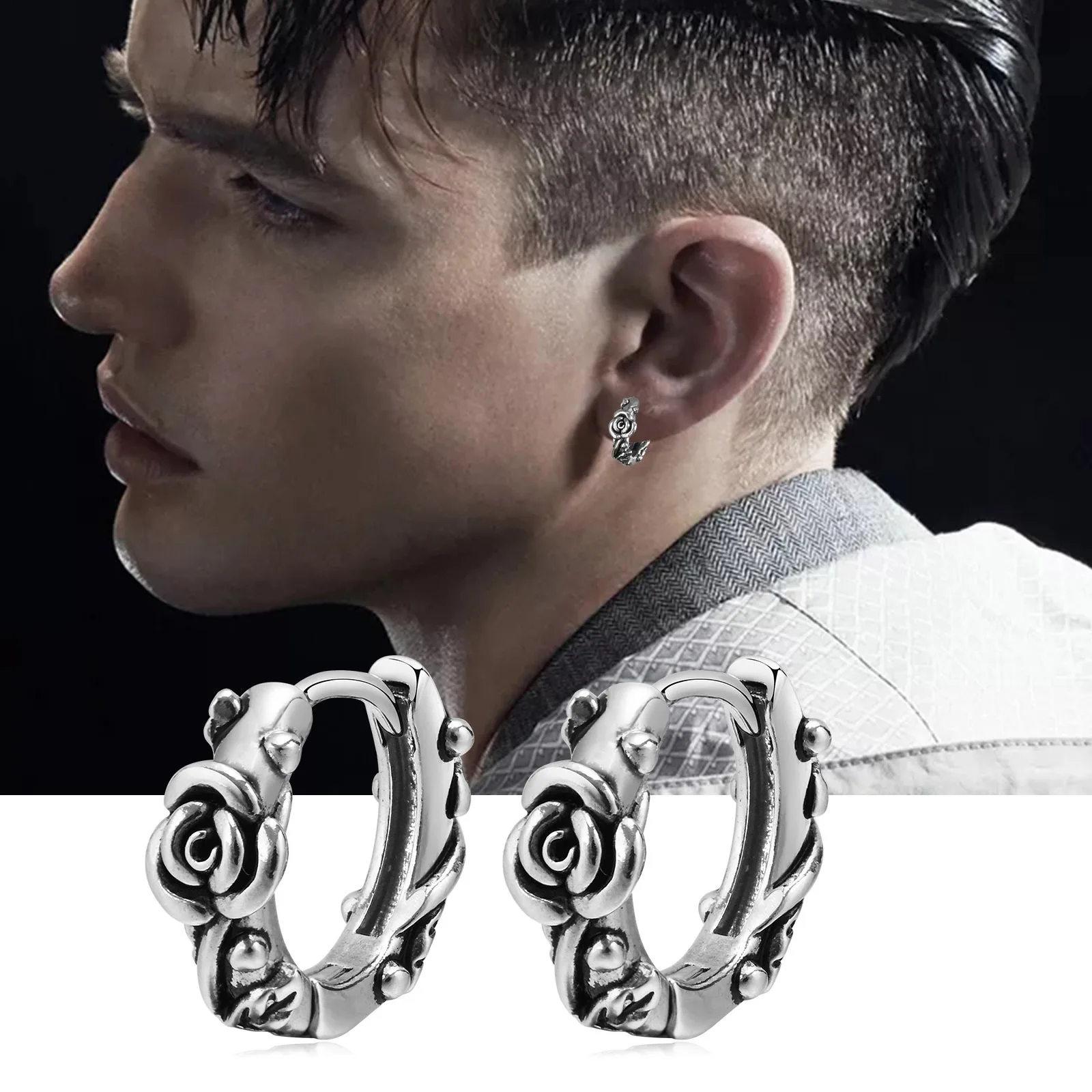 Retro Rose Hoop Earrings for Men, Waterproof Stainless Steel Stylish Flower Huggies Ear Jewelry, Gifts for Him 3