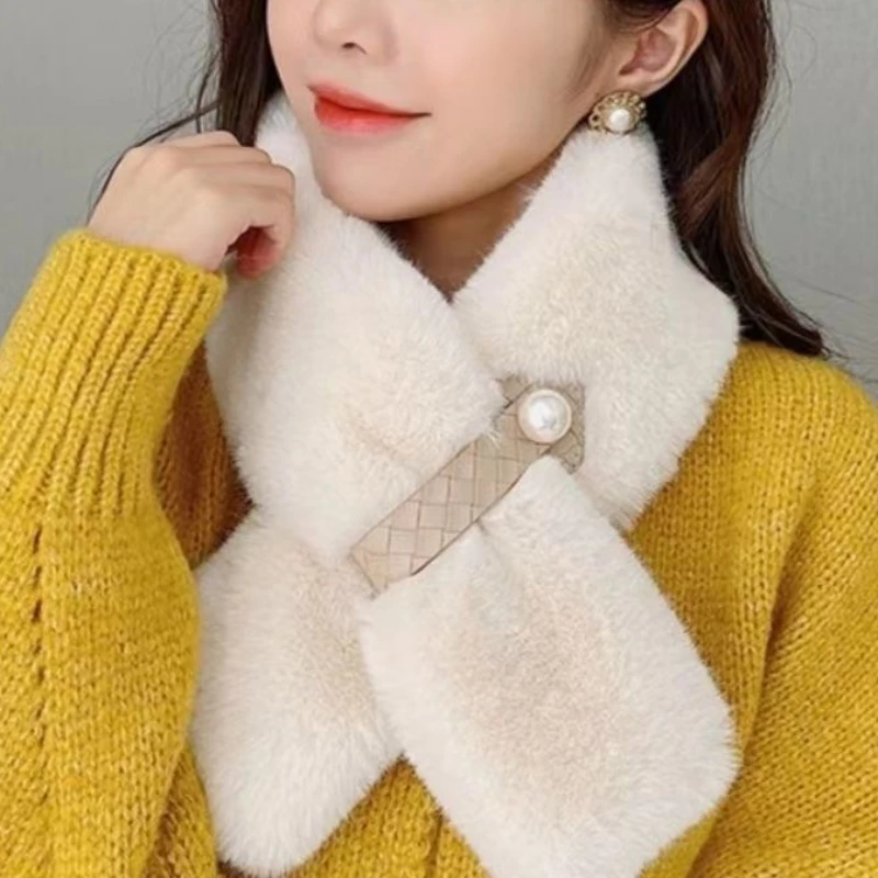 

New Winter Scarf Solid Color Imitation Rabbit Fur Warm Neck Scarf Furry Collar Scarf for Women Luxury Foulard Femme Luxe Marque