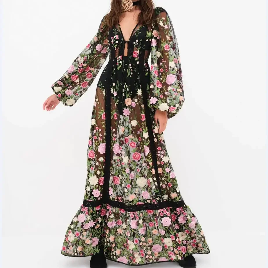 2024 Women's Sexy Holiday Bikini Cover-Ups Beach Flower Embroidery Dress Long Sleeve Dress See Through Mesh Sheer Dresses