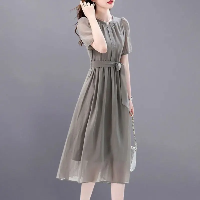 

Commute Solid Color Dresses Female Clothing Short Sleeve Elegant A-Line Stylish Waist Drawstring Summer Round Neck Midi Dress