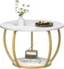 Round Coffee Table with Storage, 27.6 inch Small Living Room Tables with Adjustable Feet, 2-Tier Farmhouse Center Table 4