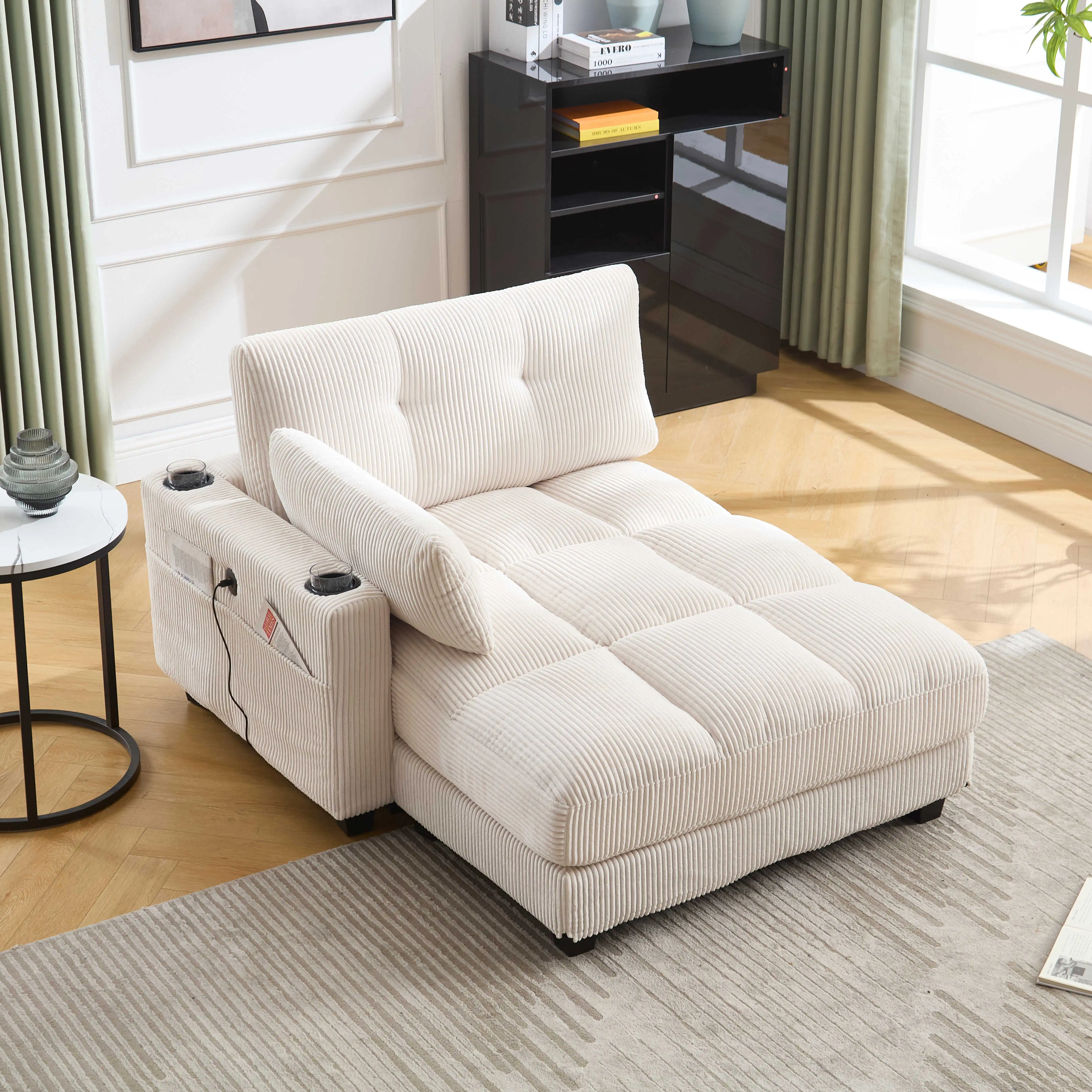 LVHOM Moderner Samt-Loungesessel für das Wohnzimmer mit verstellbaren Armlehnen & Kopfstütze, USB-Anschluss, Getränkehalter und 1 Kissen – Detail 8