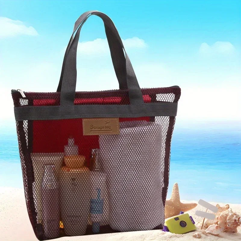 1 Pc Foldable Mesh Beach Bag – Spacious Multi-Pocket Design with Breathable Mesh & Water-Resistant Lining，Durable Nylon Bag 3