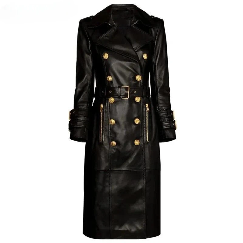 2023New Autumn Winter Luxury Design Double Breasted Black PU Leather Long Coats for Ladies Fashion Street Women Trench with Belt