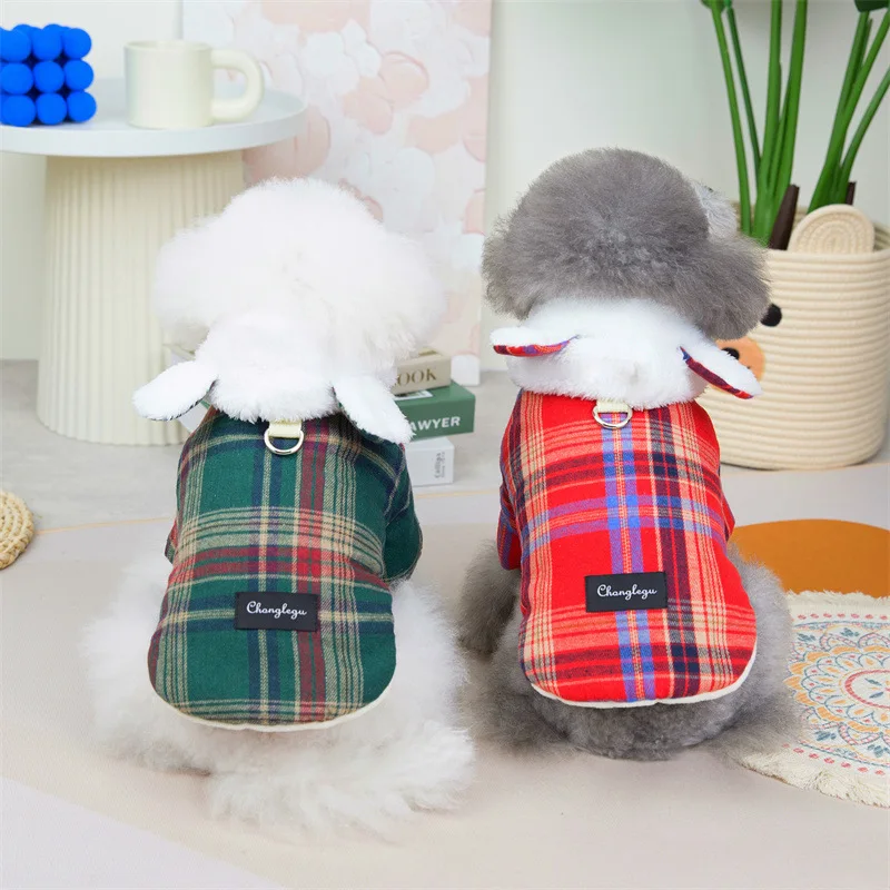 

New Autumn and Winter British Style Rabbit Hat Traction Button Cotton Coat Spot Small and Medium Cat and Dog Clothing