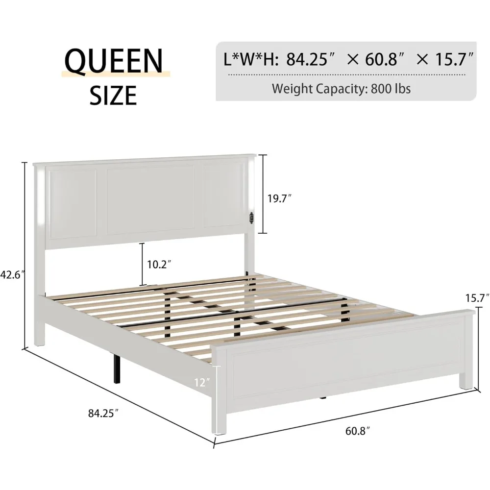 bedstead. White Wooden Bed Frame Queen Size with Headboard, Platform Bedframe with Charging Station Led Lights84"L x 61"W x 43"H 2