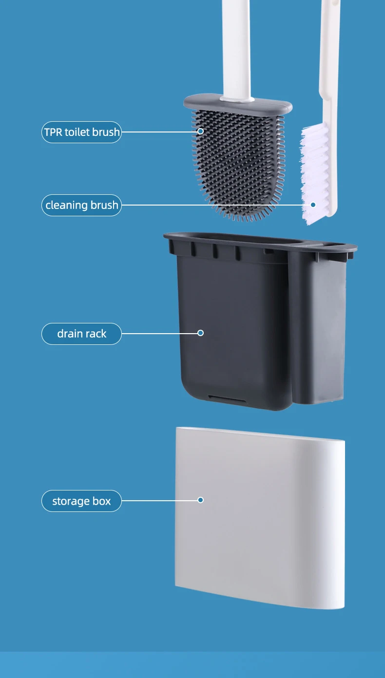 Description Picture 4 of item2PCS/set Toilet Brush Water Leak Proof with Base Silicone Wc Flat Head Flexible Soft Bristles Brush with Quick Drying Holder