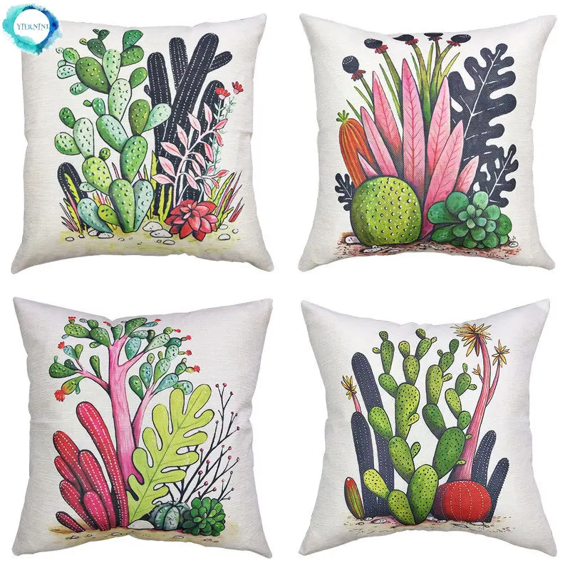 

Green Plant Cactus Pillow Cover 45x45cm Linen Cushion Cover for Sofa Home Decorative Bedside Office Waist Pillow Cover