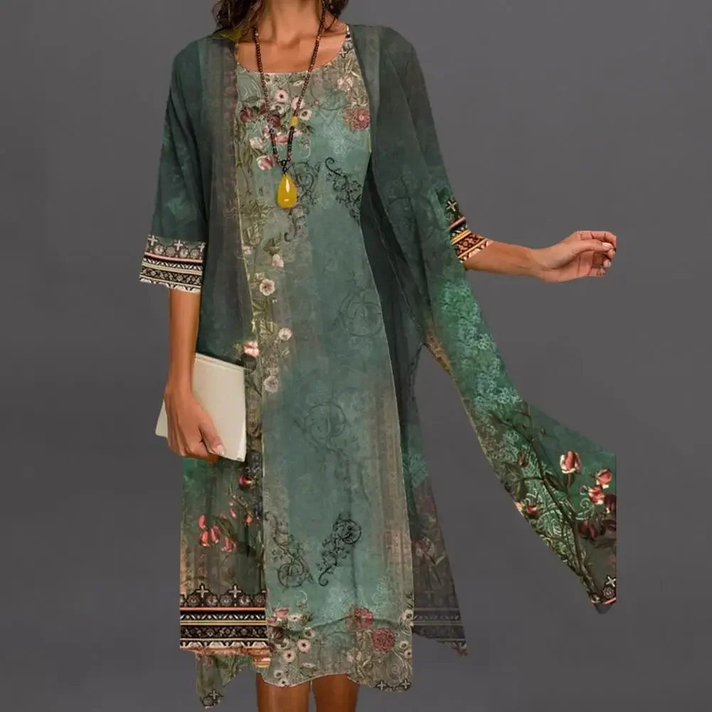 

Women Dress Set Round Neck Mid-length Sleeves Elegant Loose Fit Cotton Blend Flower Print Dress Shawl Set Daily Wearing