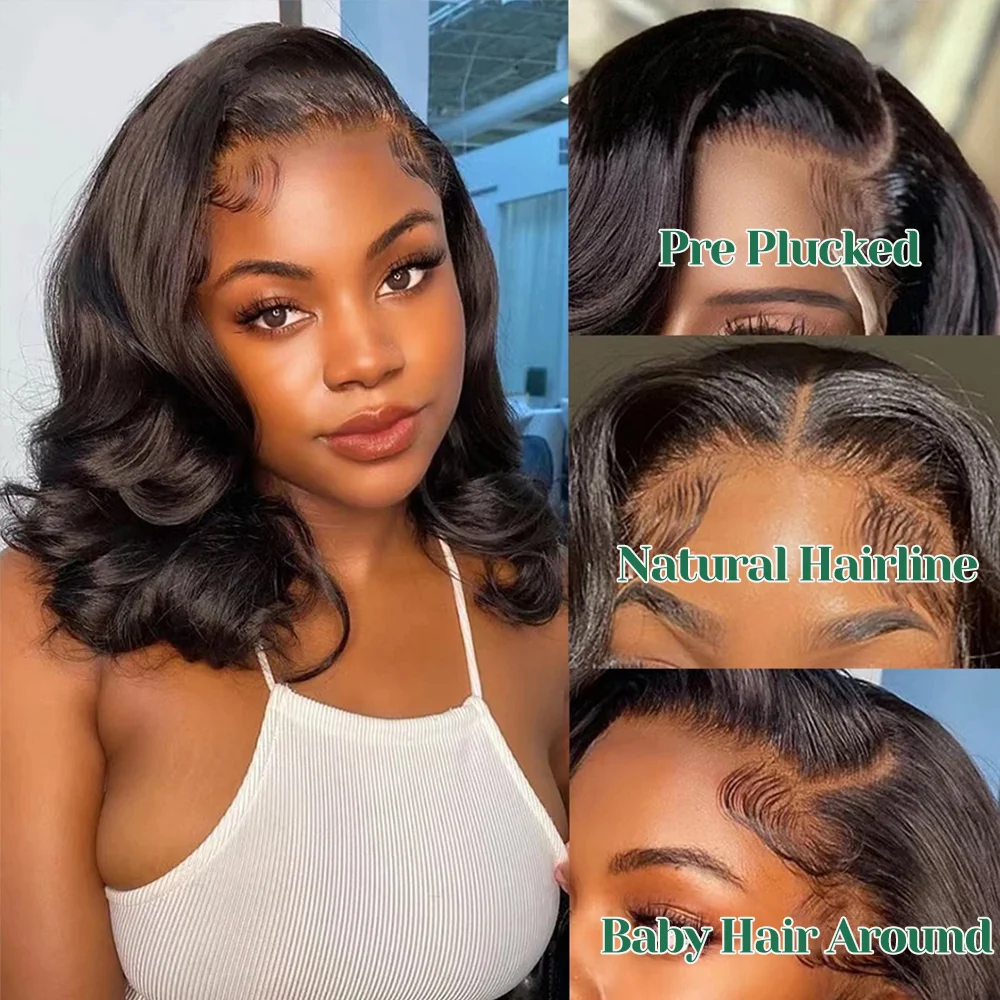 Perruque Bob Lace Front Wig Body Wave naturelle, cheveux courts, 13x4, densité 180%