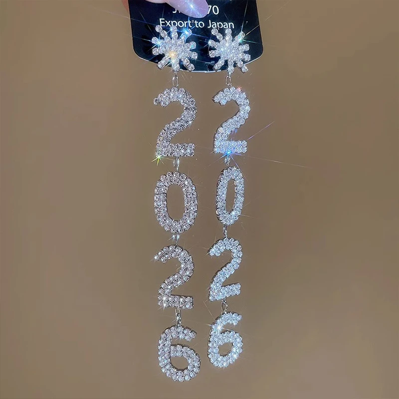 New Rhinestone Snowflake 2026 Pendant Long Drop Earrings for Women Crystal Geometric Tassel Number Dangle Earrings New Year Gift