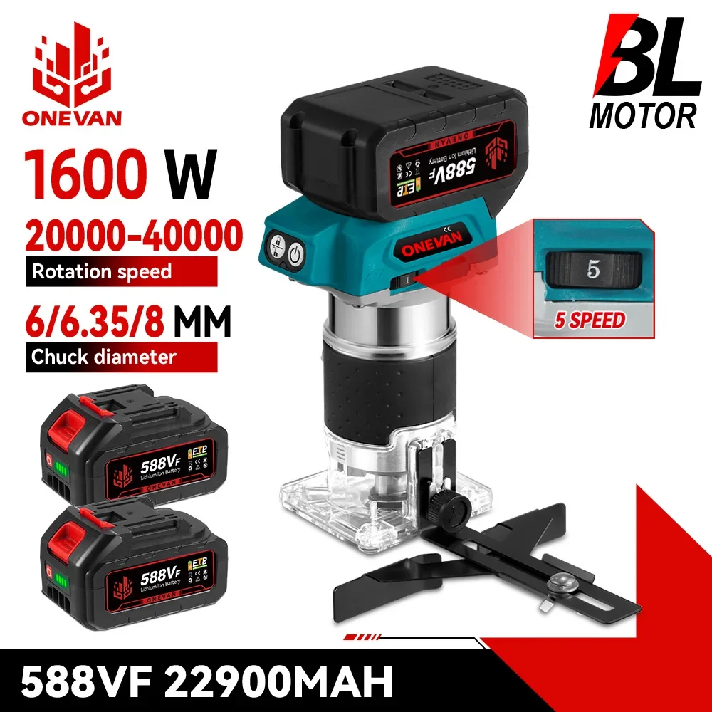 5 Speeds Brushless Electric Hand Trimmer 1600W Cordless Wood Router for Woodworking Engraving Slotting for 21V 18V Battery, wood router
