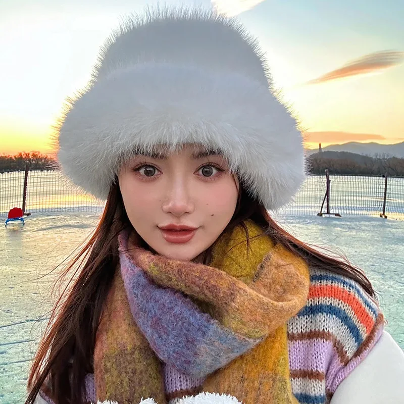 Womens Winter Faux Fur Bucket Hat, Fluffy Furry Warm Hat