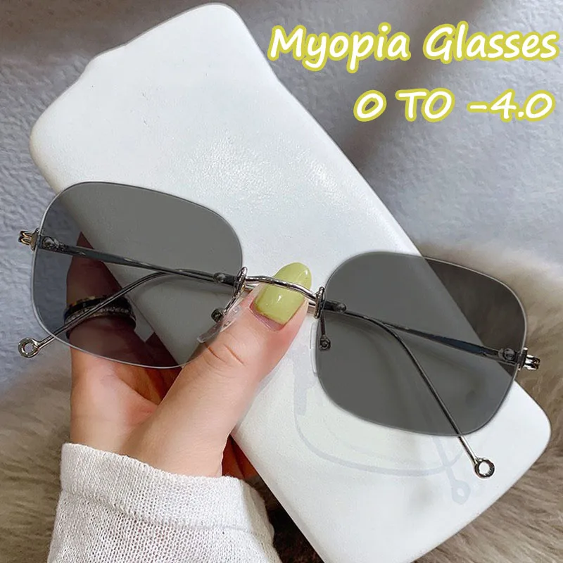 

Square Photochromic Myopia Sunglasses Unisex Frameless Normal Short sighted Eyeglasses Finished Optical Eyewear Diopter 0 To-4.0