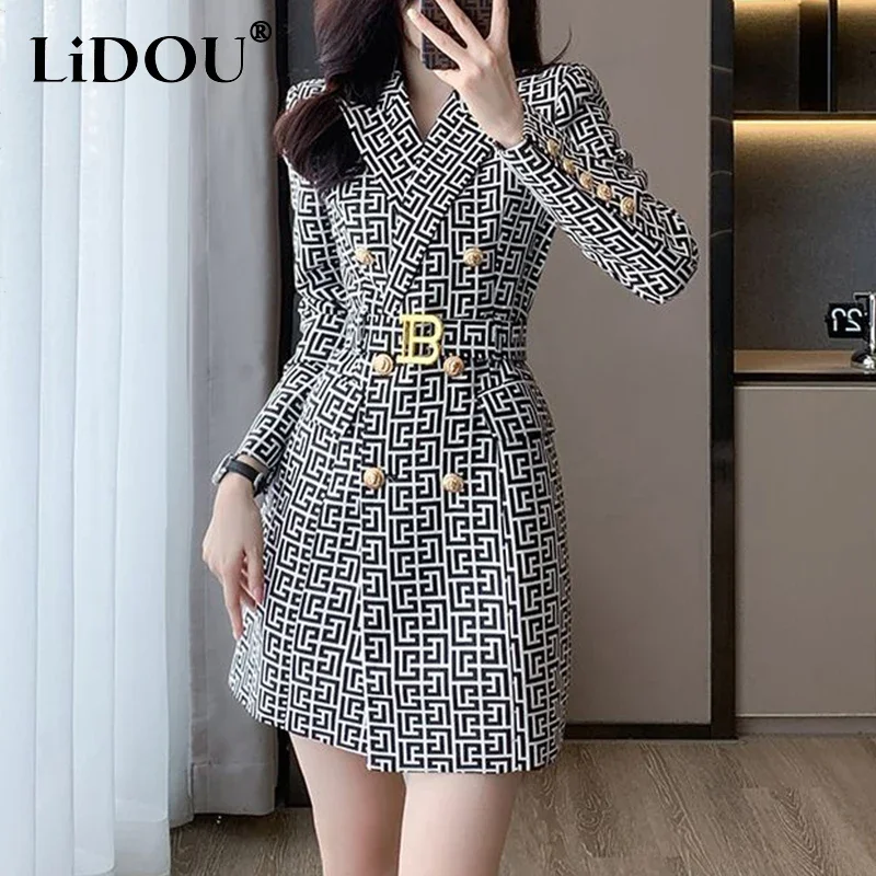 Spring Autumn Y2K Double Breasted Sexy Fashion Print Blazer Dress Women Waist Mini Vestidos De Fiesta Long Sleeve Female Clothes 3