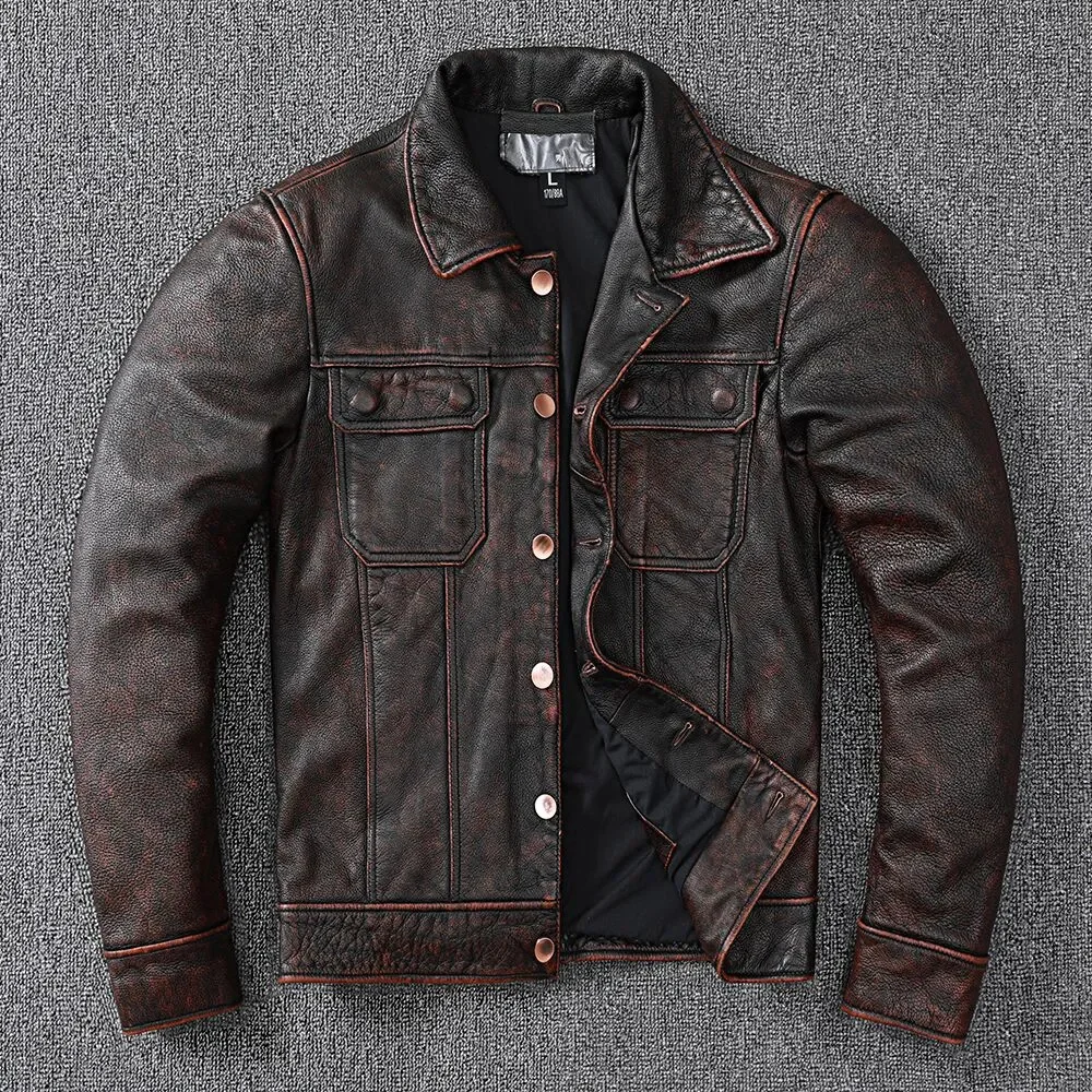 

New Vintage Brown Workwear Cowboy Genuine Leather Jacket Natural Cowhide Coat Men's Stone Mill Old Style Clothes