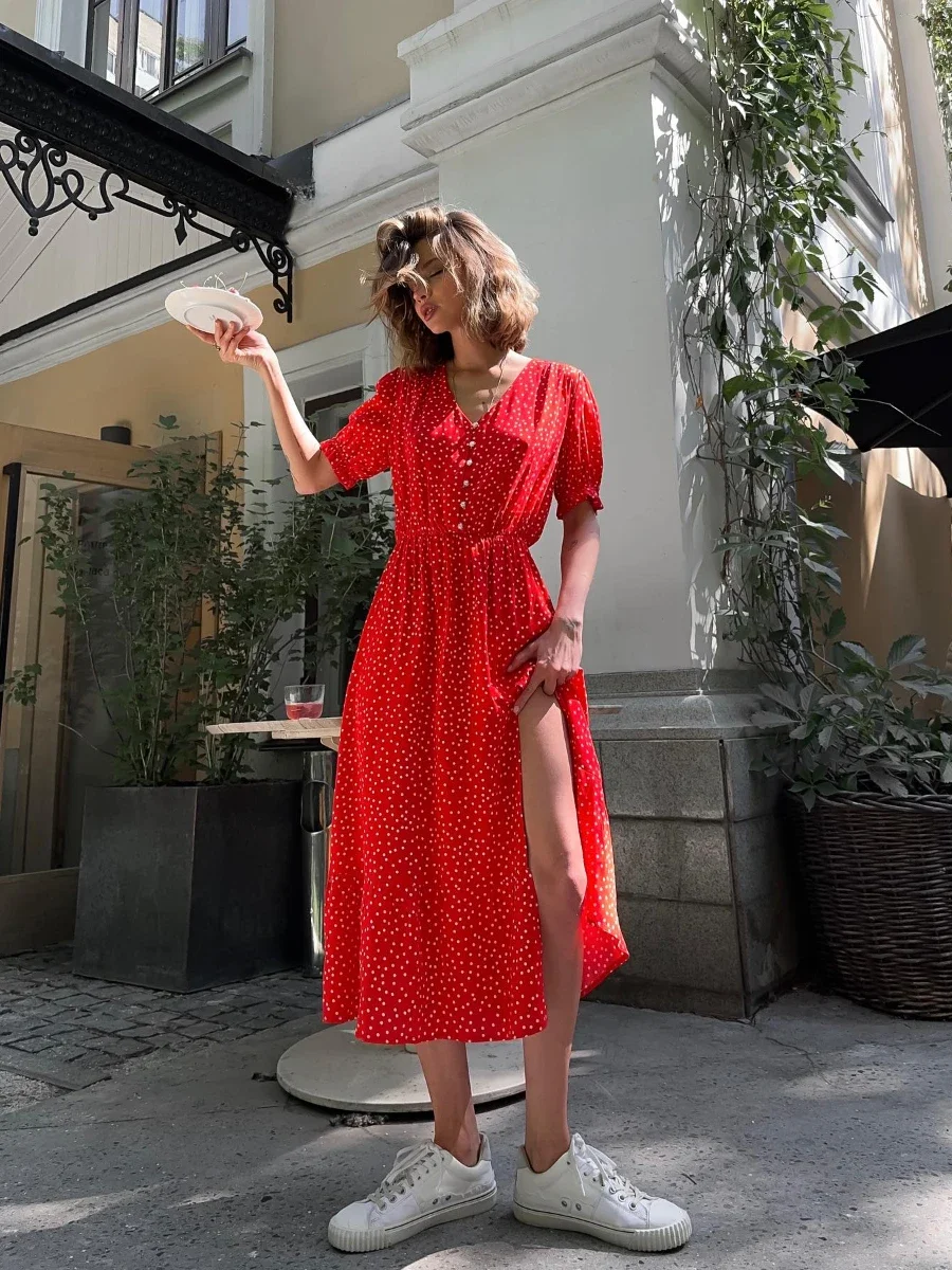 Bornladies Red polka Dot Dress Women Summen Loose V-Neck Fashionable And Chic Office Lady Long Skirt Commuting Versatile Dress