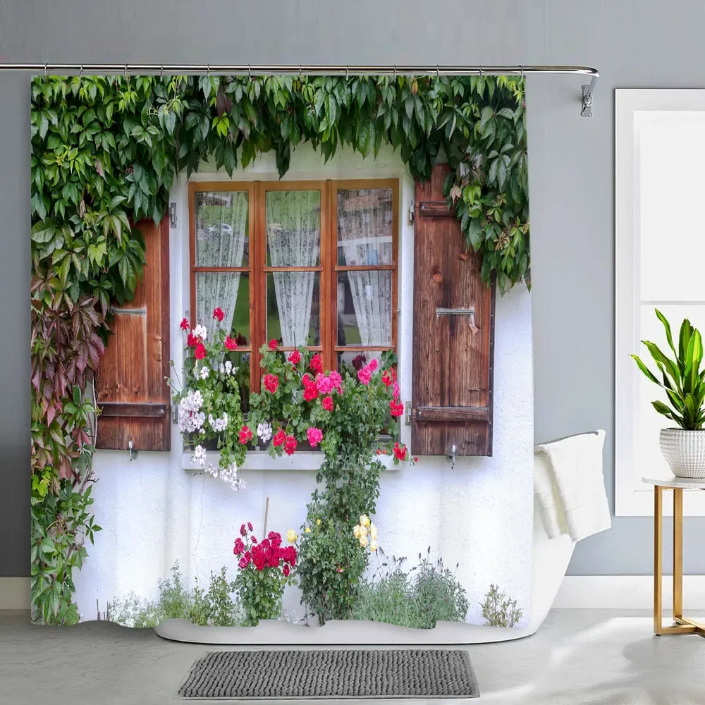 

Итальянская занавеска для душа с изображением старой двери и цветов в Вероне, уличные садовые Ландшафтные шторы для душа из полиэстера, декор для ванной комнаты