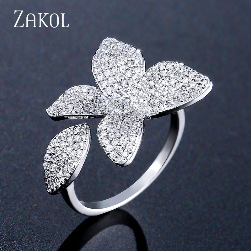 ZAKOL Luxury Sparkling Leaf Flower Micro-paved Zirconia Open