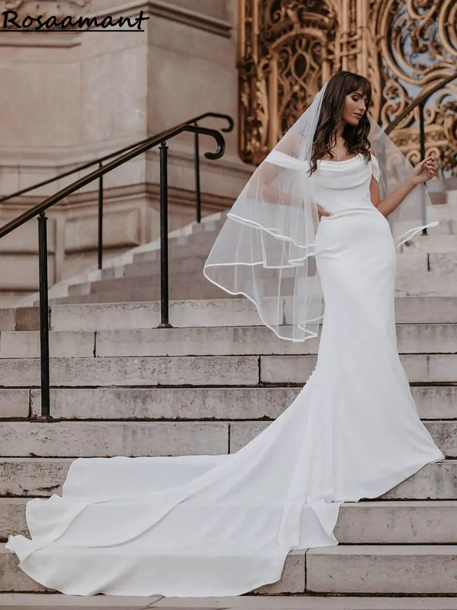 

Bohemian Off The Shoulder Satin Mermaid Wedding Dresses Draped Sleeveless Bridal Gowns