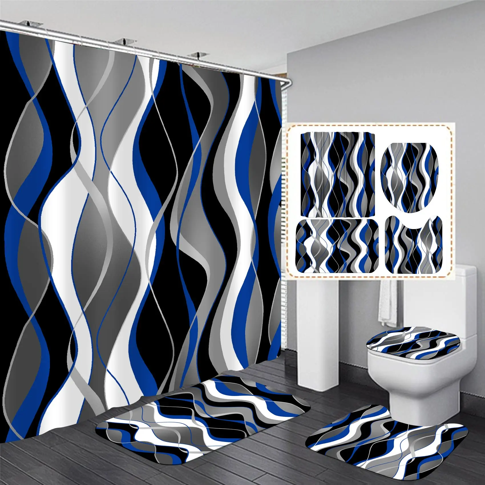 

4pcs Blue And Black Striped Bathroom Sets Rugs Shower Curtain, Waterproof Shower Curtain , Non-Slip Bathroom Rug Bathroom Decor