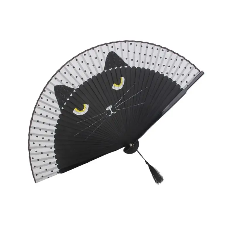 Folding Fan Cat Chinese Cartoon Silk Japan Style Handheld Women Girls Kitty Fan