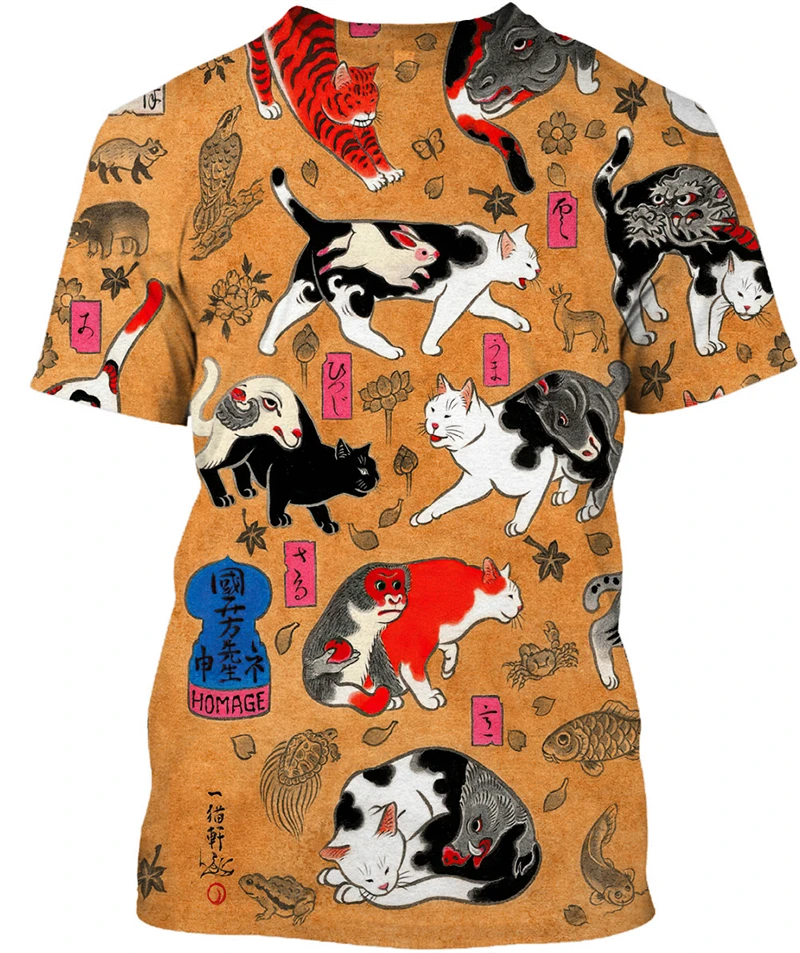 

Japan Samurai Cat Print Men's T Shirts Street Trend Women Casual Tees Summer Fashion O-neck Short Sleeve Tops Oversized Clothing