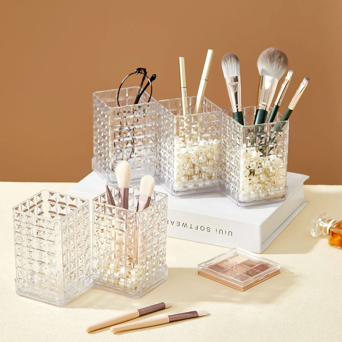WORTHBUY Transparent Makeup Brush Holder Plastic Cosmetic Storage Box Desk Lipstick Eyeliner Makeup Organizer Display Rack 4