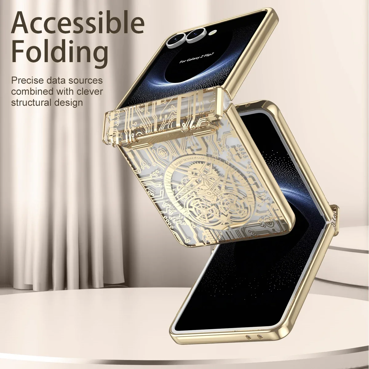 Luxury Electroplate Mechanical Style Phone Case with Hinge Protection and Anti-Drop Clear Cover