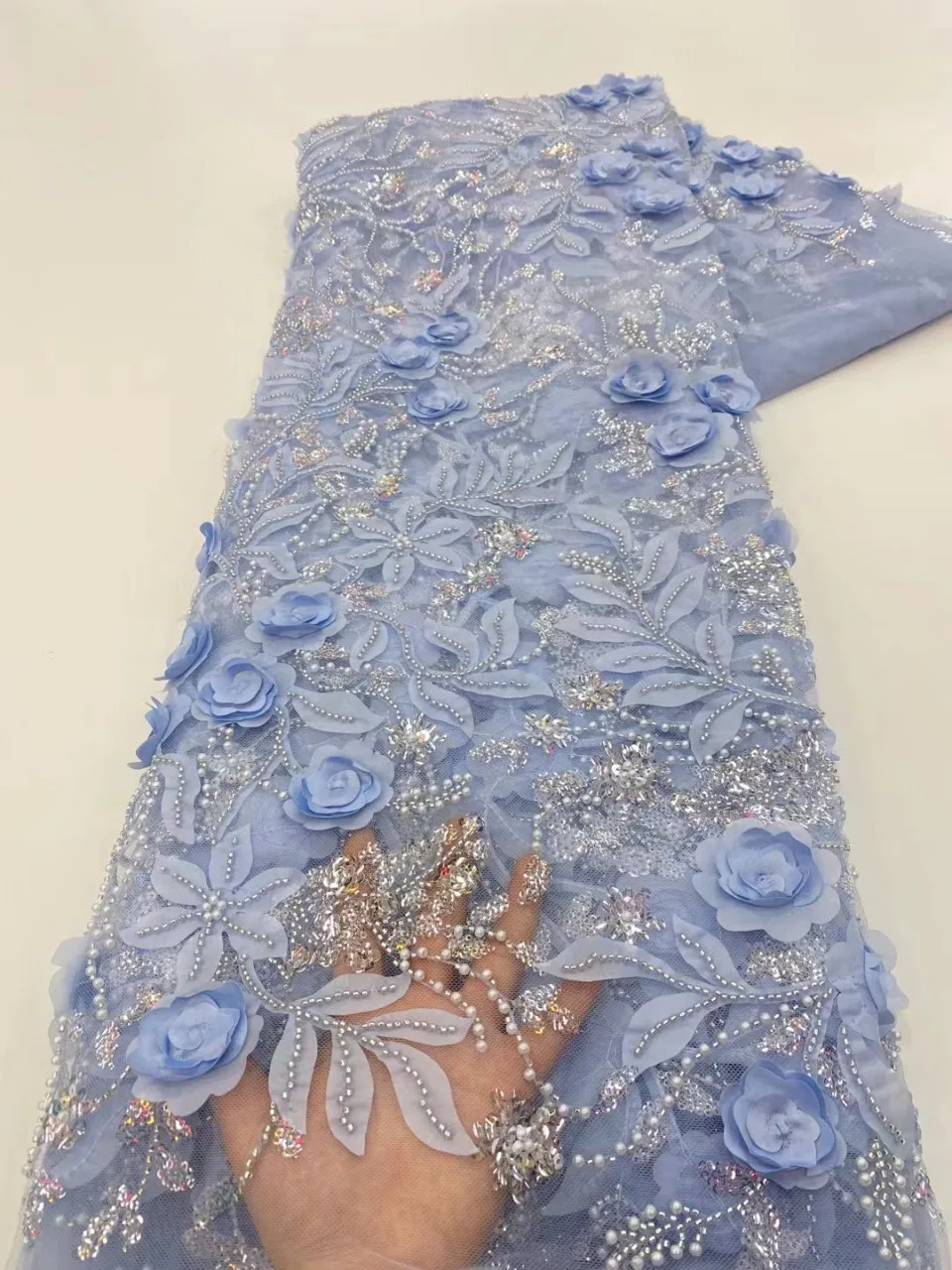 

LISM 2024 Luxury African Heavy Beaded Lace Tulle Fabric French 3D Flower Embroidered Applique Fabric For Sewing Material 9055