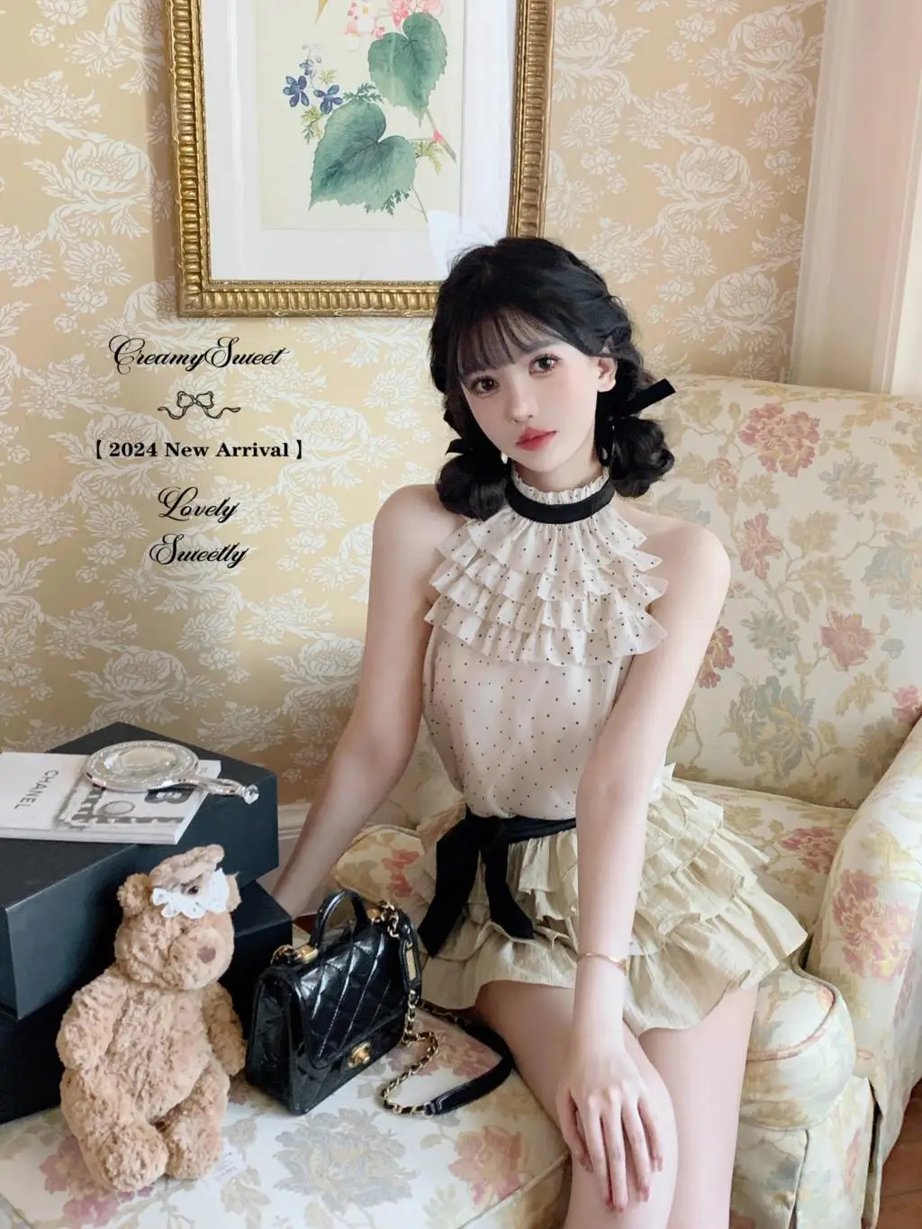 Y2K Polka Dot Two-piece Set Women Chiffon Halter Sleeveless Top Ruffles A-line Cake Mini Skirt Summer New Korean Fashion Outfits