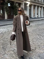 Solid Woolen Lapel Long Coats For Women Loose Full Sleeve Double Breasted Shoulder Pads Overcoats 2024 Autumn New Lady Outwears 1