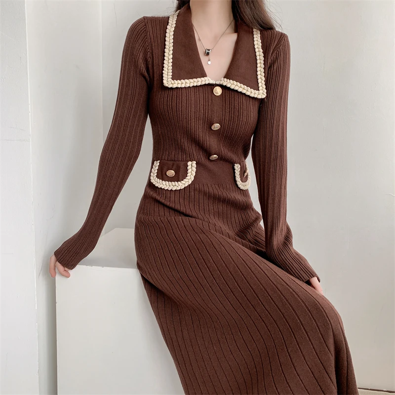 Vestidos de punto de otoño e invierno para mujer, cuello vuelto, moda coreana, corte en A, vestido liso informal, vestidos ajustados para mujer, nuevo