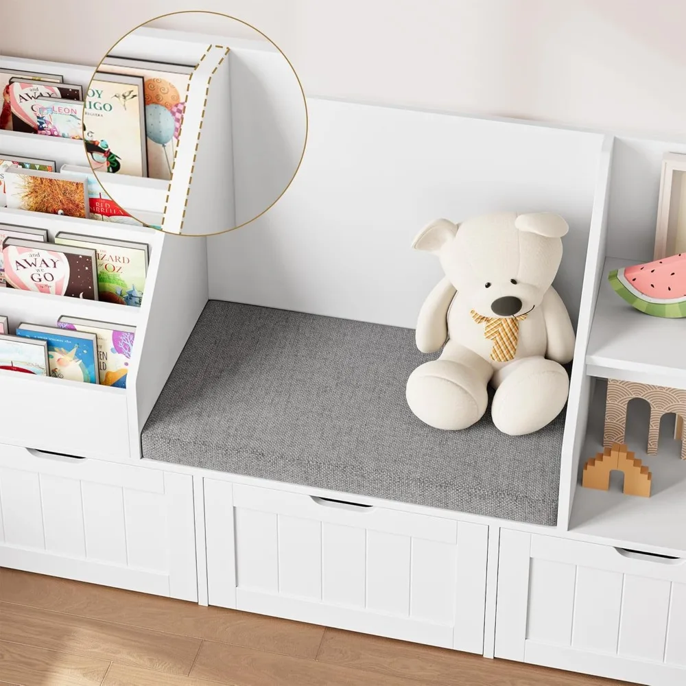 Kids Bookshelf with Reading Nook, Toy Storage Organizer with Seat Cushion and Movable Drawers, Kids Reading Nook Toy Organizers