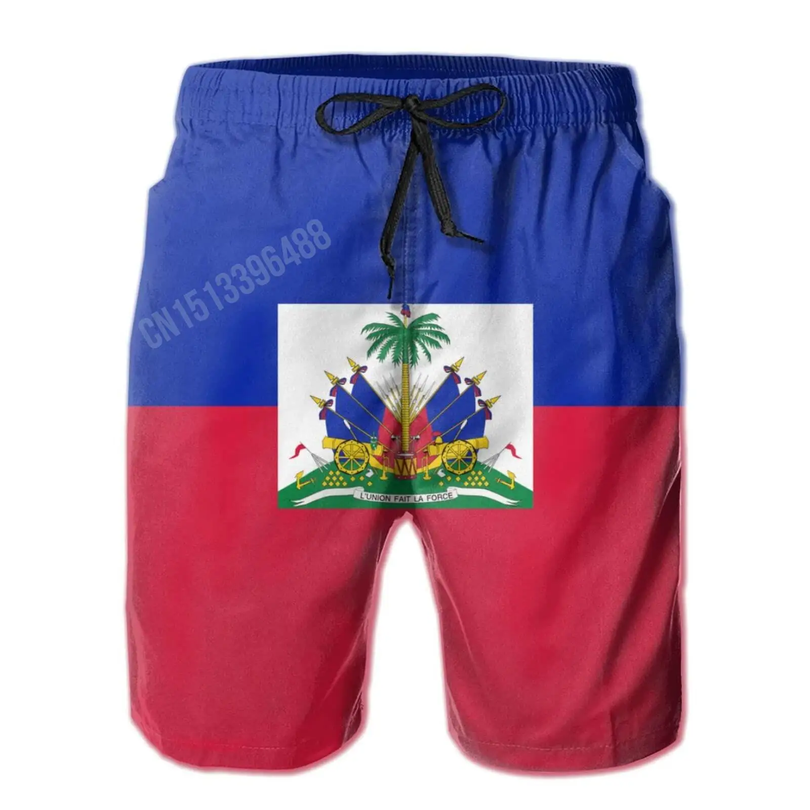2022 Coat of Arms of Haiti Country Flag Classic Men's Swim Trunks Beach Shorts With Pockets 2