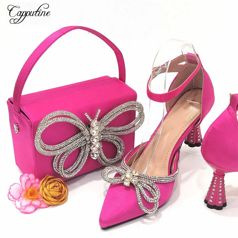 

Fuchsia Woman Shoes And Bag Set To Match Fashion Ladies High Heels Pumps With Handbag Purse Sandals Clutch Escarpins Femme CR389