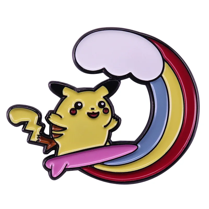 Pikachu Enamel Pin For Surfing On A Pokemon Rainbow Cloud