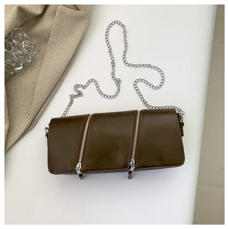 

PU Zipper Baguette Shoulder and Crossbody Bags Soild Hasp Chains Ladies Bags 2024 Fashion New Style Bolso Baguette De Mujer