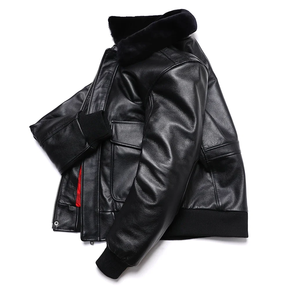 Men Leather Jacket G1 Style Wool Collar Air Force Flight Jacket Natural Cowhide Genuine Leather Pilots Coat Thicken Warm Clothes Motorcycle Cloth